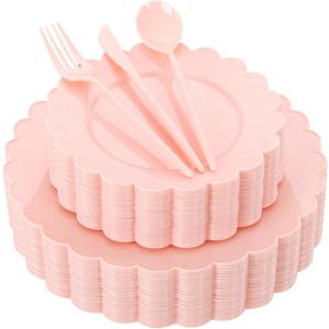 WONDERFUL 150 Pcs Pink Plastic Plates Disposable Plastic Dinnerware Set Pink Plate and Silverware Set Disposable Plates for Party Wedding & Bridal Shower Party Mothers Day Decor 30 Guests