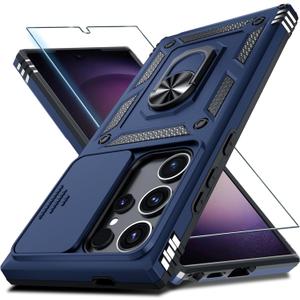 Janmitta Compatible with Samsung Galaxy S25 Ultra Case Built in Slide Camera Lens Cover+Screen Protector+Finger Ring Holder Kickstand,Heavy Duty Shockproof Full Body Phone Cover,2025 Blue