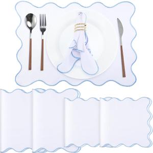 Cotton Linen Placemats and Napkins Set of 4 100% Pure Linen Scalloped Wavy Embroidery Placemats 13 x 19 Inch Cloth Napkins 20 x 20 Inch Layered Washable for Restaurant Kitchen Housewarming Gift