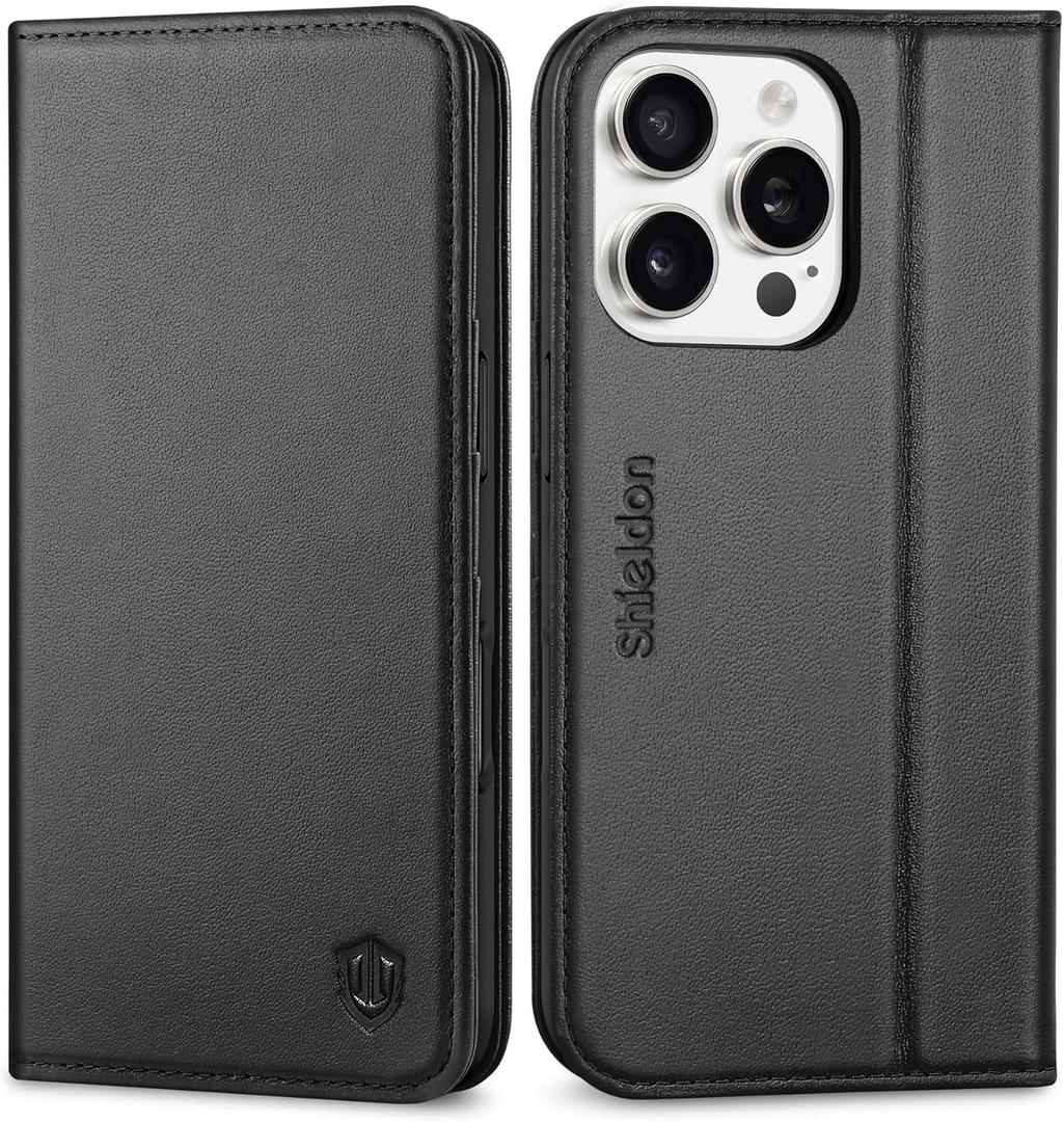 SHIELDON Case for iPhone 16 Pro 6.3", Genuine Leather Wallet Folio [Magnetic Closure] [RFID Blocking Card Slot] [Kickstand] Full Protection Case Compatible with iPhone 16 Pro 2024 - Nappa Black