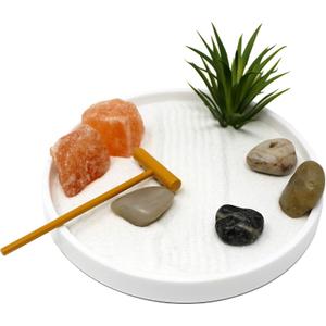 Nature's Mark Mini Zen Garden Kit for Desk with White Sand, Rake, White Base, Salt Rock and Air Plant (Round)
