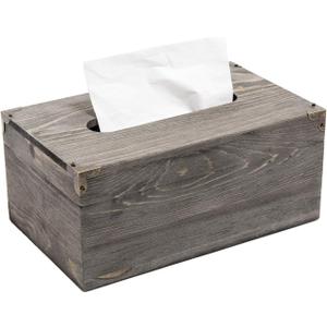 Liry Products Rustic Gray Distressed Wood Facial Tissue Paper Box Metal Corner Brackets Hinge Lid Top Cover Torched Wooden Holder Standard Size Rectangular Napkin Dispenser Bathroom Kitchen Bedroom