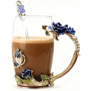 Gifts for Mom Women Unique Blue Tea Mug With Spoon Set & Flower Decoration - Top Birthday Christmas Gifts For Women Mom Who Has Everything (Rose Blue Coffee Cup, 12 OZ)