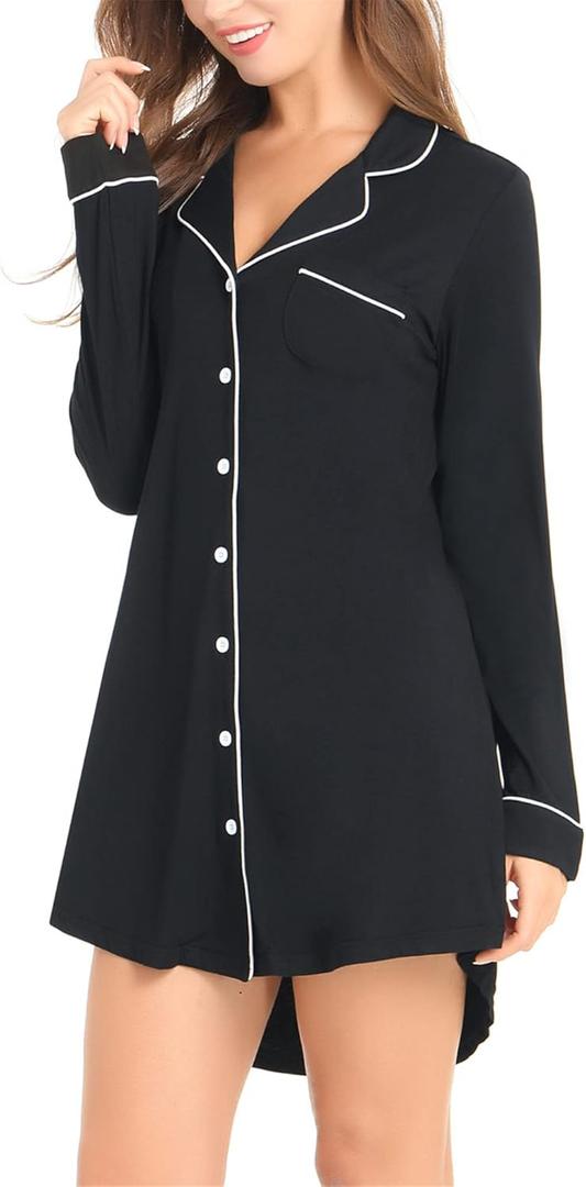 Cherrydew Bamboo Viscose Nightgown Women Super Soft Comfy Cooling Breathable Long Sleeve Sleepwear Button Down Sleep Shirts (X-Large, Black)