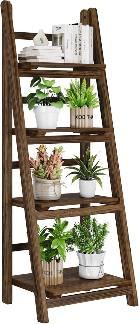 Ladder Shelf 4-Tier Foldable Solid Wood Bookshelf Plant Stand, 44.3 x 16.3 x 13.8 inches