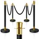 4PCS Top Crown Decoration Black-Gold Stanchions Posts with 3PCS 5 ft Black Velvet Rope, Red Velvet Rope Stanchion Set Crowd Control Barriers, Stanchions and Velvet Ropes Red Carpet Poles for Party