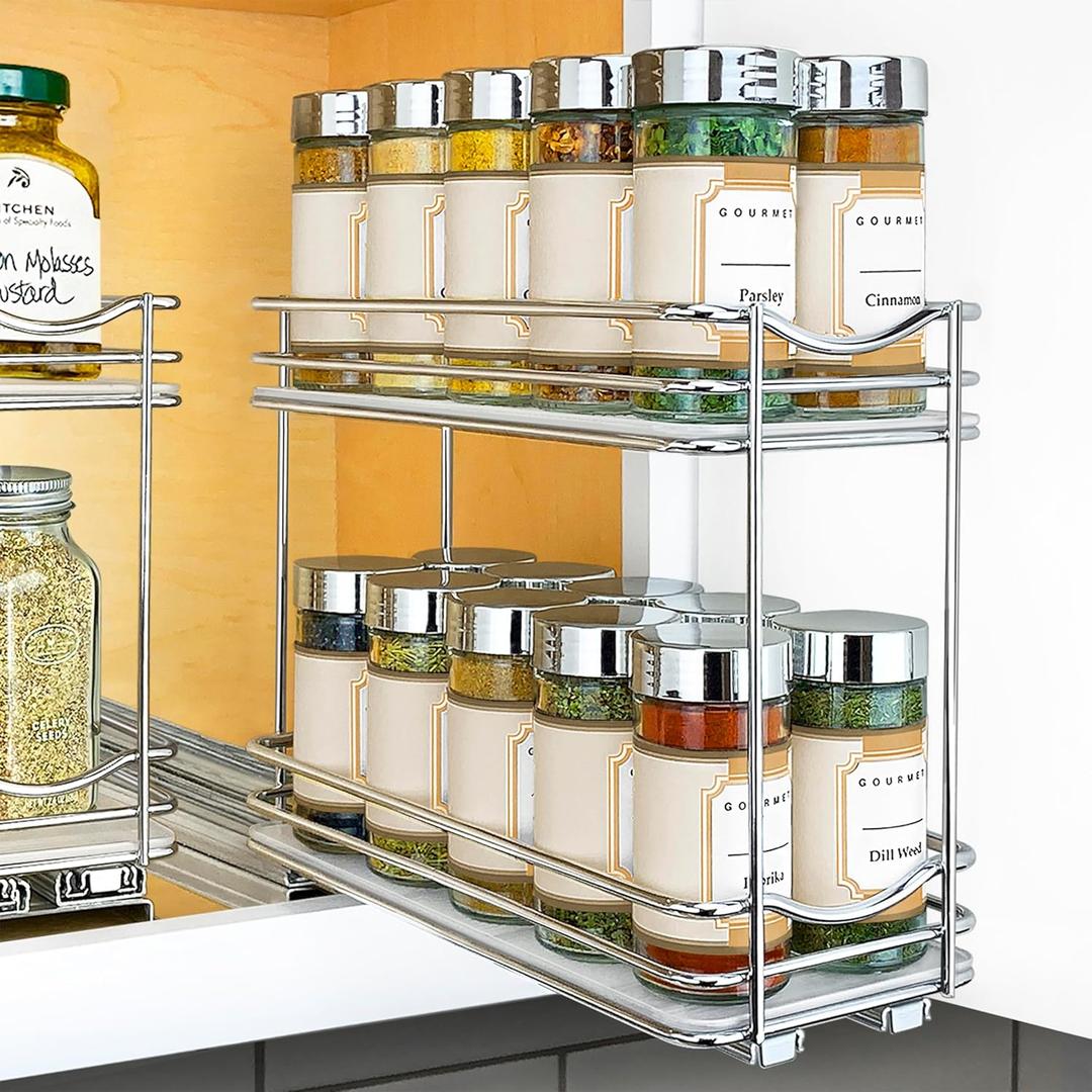 LYNK PROFESSIONAL Pull Out Spice Rack Organizer for Inside Kitchen Cabinets - 4-3/8 inch Wide - Slide Out Drawer  Chrome Sliding Spice Organization for cabinet - Spice Racks - 2 Tier