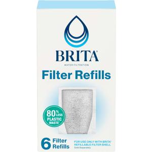 Brita Refillable Water Filter Refill Packs for Pitchers and Dispensers, BPA-Free, 80% Less Plastic*, Each Lasts Two Months, For Use with Refillable Shell (Sold Separately), 6 Filters