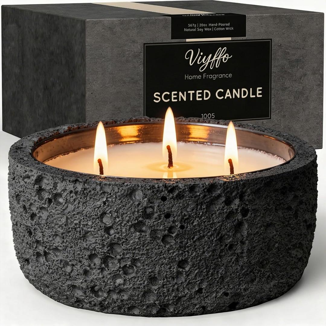 Viyffo 20oz Large Scented Candle - Sage & Eucalyptus, 3 Wick Home Scented Candle, Non Toxic Soy, Black Textured Ceramic Jar, Luxury Fragrance, Modern Home DÃ©cor & Spring Gift for Men and Women