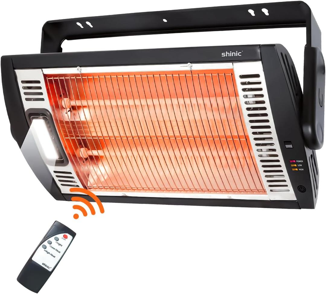 Shinic Electric Garage Heaters with Remote Control, 1500W/750W Ceiling Mounted Radiant Quartz Heater with Work Light, 90 Rotation, 5 Mode Settings, Electric Heater for Garage, Shop, Patio Large Room