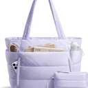 Puffer Tote Bag for Women, Lightweight Puffy Work Handbag Teacher Nurse Quilted Shoulder Bag for School Travel Gym | Cloud Bag w/ Zipper, Daily College Bags, 15.6" Computer Bag, Clinical Nursing Bag, 40 OZ Tumbler Holder, Ideal Gift for Women (Purple)
