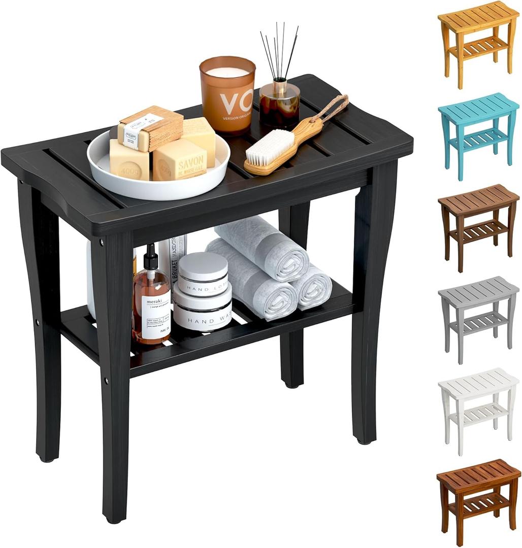 Bamboo Shower Bench Stool with Storage Shelf, Waterproof Shower Chair Spa Bath Seat, Shower Stool for Inside, Bathroom Bench Seat for Adults Elderly Seniors for Indoor or Outdoor Use(Black) Bamboo Shower Bench Stool with Storage Shelf, Waterproof Shower Chair Spa Bath Seat, Shower Stool for Inside, Bathroom Bench Seat for Adults Elderly Seniors for Indoor or Outdoor Use(Black)