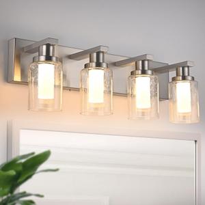 4-Light 5CCT LED Bathroom Light Fixtures in Brushed Nickel, Modern Vanity Lighting with Seeded Glass Shade & Build-in LED, Wall Mounted Sconce Over Mirror for Kitchen Bedroom Dressing Table