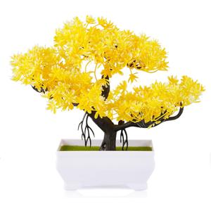 Mini Artificial Bonsai Tree Plants with Plastic Cement Pots for Home Office Dcor (Yellow)