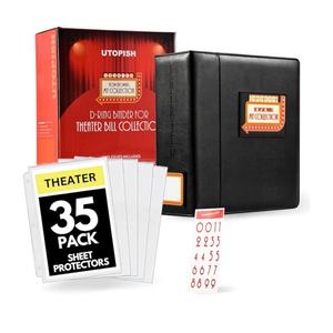 UTOPISH Show-Bill Binder with Sleeves – Large 4” Theater Program Holder with 35 Sheet Protectors and Numbering Stickers Included - Broadway Gift with Full-Color Logo and Numbering Panel