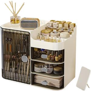 Cosmetics Display Case with Mirror, Large Capacity Cosmetic Storage Box with Drawers, Dust and Waterproof Makeup Organizer, Skincare Jewelry Storage Box for Bedroom, Bathroom (Transparently black)