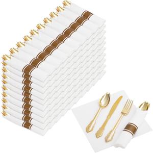 Nervure 400PCS Pre Rolled Gold Plastic Silverware Sets - Heavy Duty Fancy Gold Cutlery - Include 100 Pack Wrapped Disposable Utensils with Napkins for Parties, Dinners & Weddings