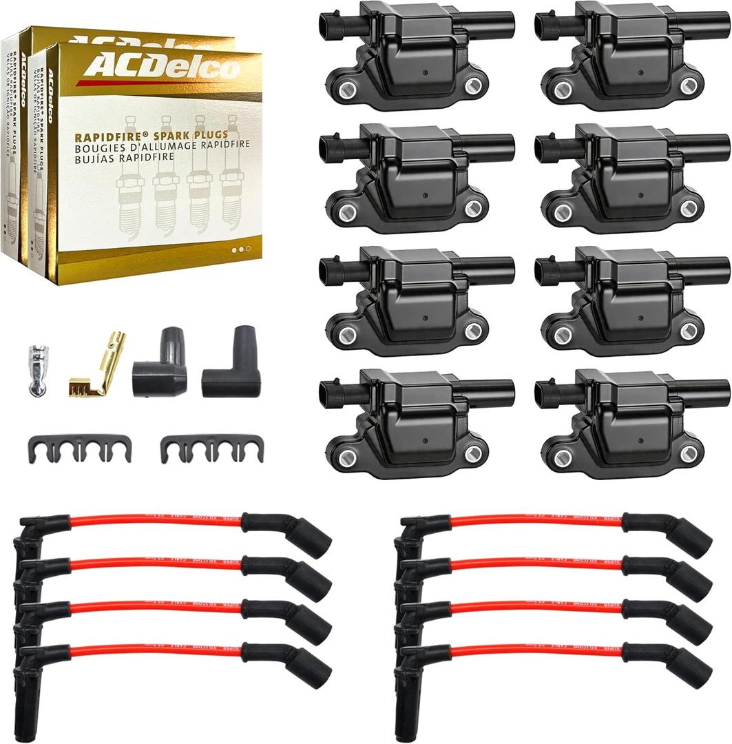 MAS Set of 8 Ignition Coils Pack & Platinum Spark Plugs & Wires Compatible with Chevy GMC Cadillac Camaro Corvette Express Avalanche Silverado V8 Replacement for UF413 12611424 12570616