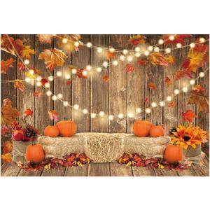 Funnytree 7x5FT Fall Pumpkin Photography Backdrop Autumn Thanksgiving Harvest Hay Leaves Wooden Background Sunflower Maple Baby Shower Banner Decoration Party Supplies Photo Booth Prop