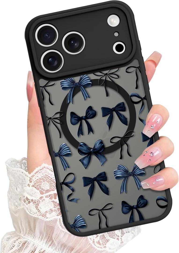 Bonoma Mganetic for iPhone 17 Pro Case [Compatible with MagSafe] Cute Ribbon Bow Pattern for Women Girls Soft TPU Bumper Translucent Matte Slim Shockproof Phone Case-Black
