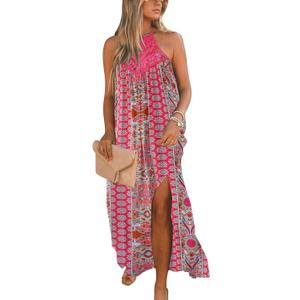 FARORO Sleeveless Long Dress for Women Boho Halter Maxi Sundress Casual Loose Dresses Split Cover Up Gown with Pockets (Small, Hotpink)