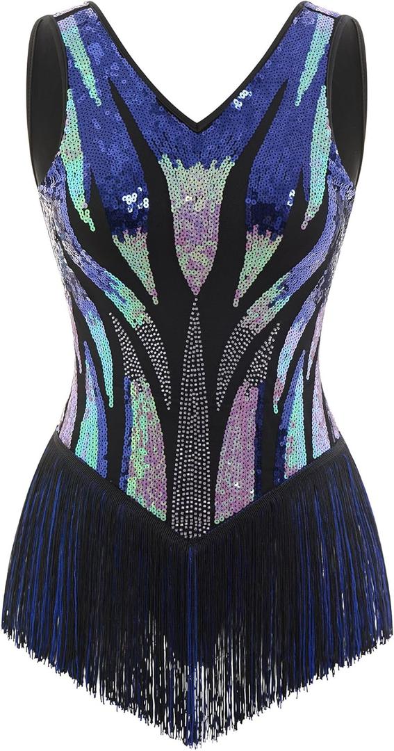 IBAKOM Women Sexy Fringe Bodysuit Open Back Sparkly Sequins Tassel Latin Jazz Dance Outfits Trapeze Acrobat Circus Costume, M