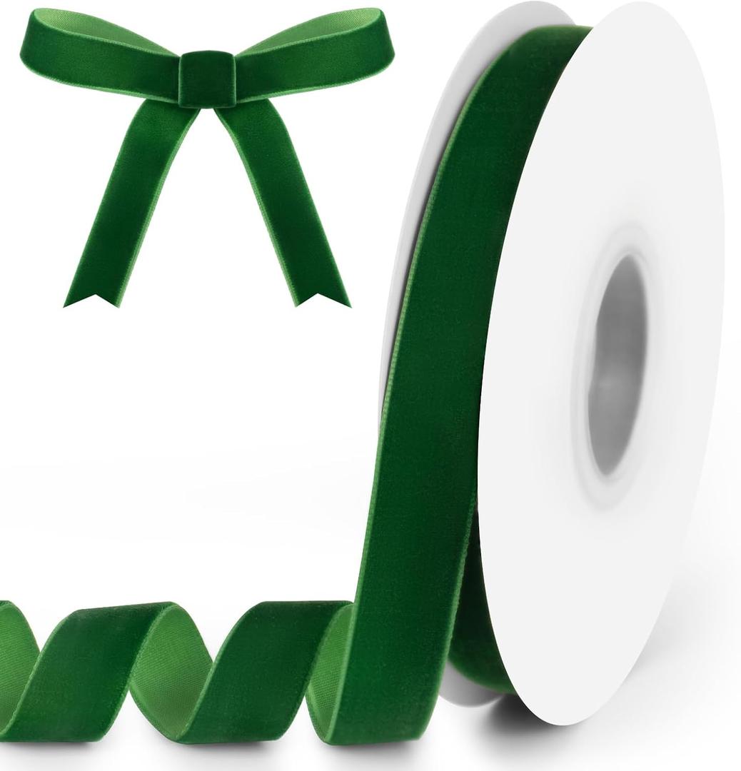 5/8" Wide x 10 Yards Velvet Ribbon, Vintage Single Face Velvet Ribbons for Gift Wrapping, Christmas Wrapping Bows, Wedding Decor, Sewing and More (Forest Green)