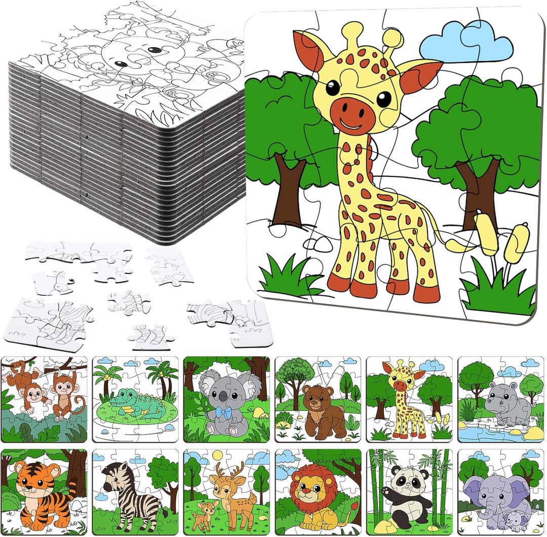 24 Pack Wild Animal Color Your Own Jigsaw Puzzles for Kids 3-5, 4-6, 6-8, Coloring Crafts DIY Paper Puzzles Party Favors Gifts for Toddler Children Learning Education Toys