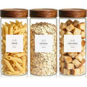 KEYWING 46 fl.oz Glass Jars with Airtight Lids, Food Storage Jars 3Pcs | Clear Food Containers For Pantry Organization Kitchen Canister Set for Cookie Rice Sugar Snack Coffee Bean, with 126 Labels