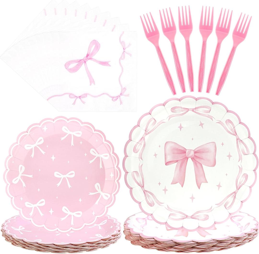 CANREVEL 96 PCS Bow Party Plates Serve 24, Bow Plates and Napkins Forks Set, Disposable Tableware for Birthday Supplies Party Decorations for Grils Kids Women