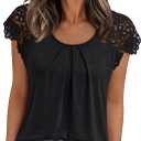 AUTOMET Womens Lace Tops Pleated Short Sleeve Shirts Summer Business Casual Dressy Blouses (X-Large, Black)