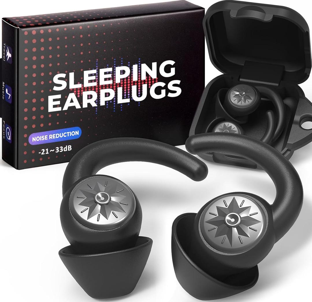 Ear Plugs for Sleeping - NRR33dB Noise Cancelling Earplugs for Sleep, Snoring Blocking, Travel, 2 Pairs Reusable Washable Soft Silicone Ear Plugs for Side Sleeper, Cold Black