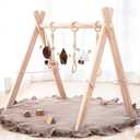 Razee Wooden Baby Play Gym Play Mat, Foldable Baby Gym with 6 Hanging Sensory Toys for Newborn Shower Gift