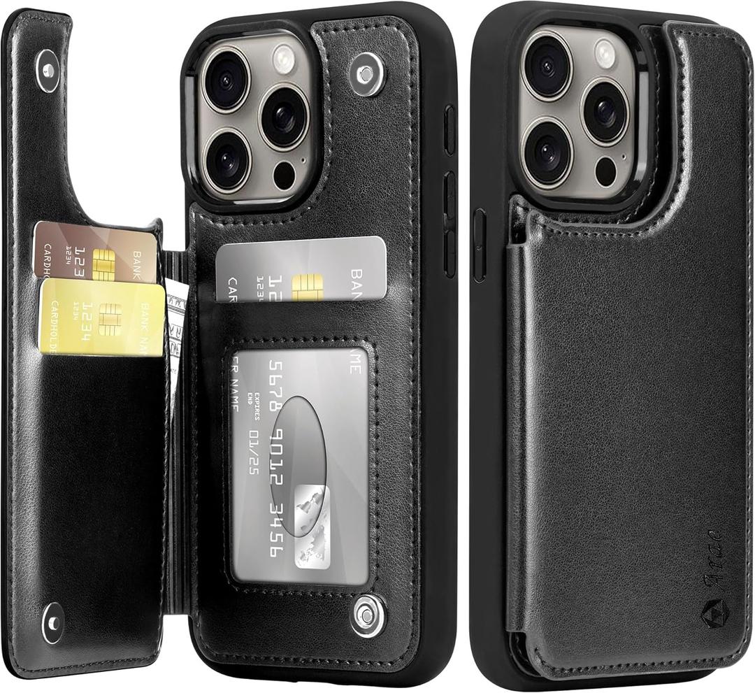 Arae Compatible for iPhone 15 Pro Max Case with Card Holder - Wallet Case with PU Leather Card Pockets Back Flip Cover for iPhone 15 Pro Max 6.7 inch - Black