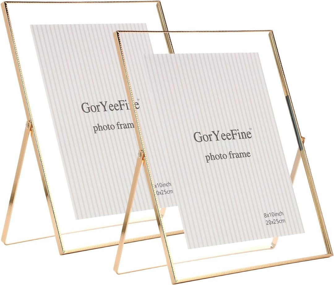 Gold 8x10'' Floating Frame Set of 2, For Photo Sizes ( 5x7'' ,6x8'' 7x9'' up to 8x10''), Beautiful Metal Lace Edge Frames Adjustable Tabletop/Shelf Photo Frame, Classy Gift Choice for Wedding,