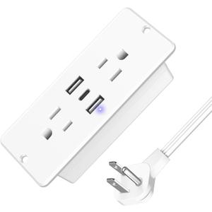 HHSOET 5 in 1 Recessed Power Strip Flat Plug, 20W Fast Charging Furniture Outlet with USB, Conference Recessed Socket with 2 AC Plugs, 2 USB Ports 1 USB-C, 10ft Power Cord. (White)