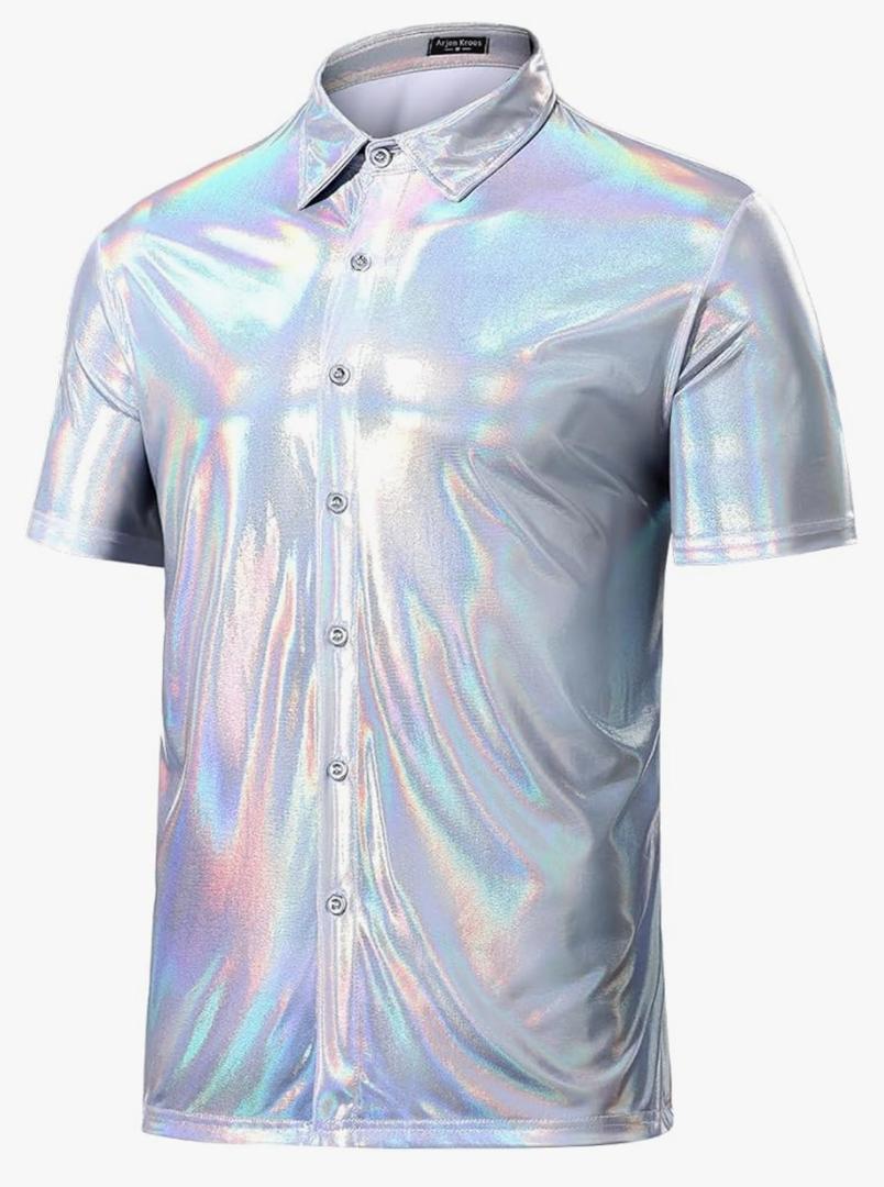 Arjen Kroos Mens Sequin Top 70s Outfit Disco Rave Party Collared T-Shirt Short Sleeve Breathable Metallic Shirt, Size L