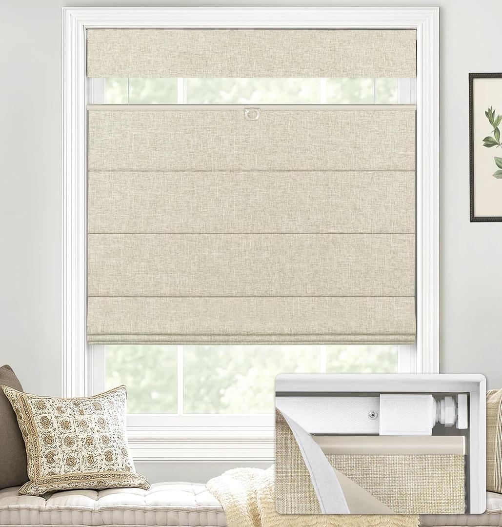 LazBlinds No Tools No Drill TDBU Cordless Roman Shades for Window, Thermal Insulated UV Blocking, 100% Blackout Fabric Blinds for Bedroom & Living Room, 31" W x 64" H, Blackout - Beige