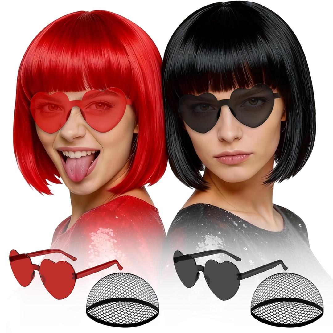 MEEZY 2 Pcs Colorful Bob Wigs with Bangs Black Red for Women, Neon Fun Wig Short Bob Hair with Heart Sunglasses Hair Cap for Halloween Costume Cosplay Photography Birthday Bachelorette Party