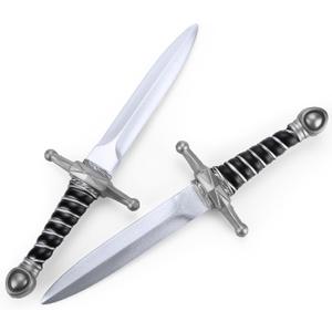 15" Fake Foam Swords Martial Arts Weapons, Realistic Dagger Knife Toy, Foam Short Sword Prop for Play Fighting and Assassins Costume Accessory (Silver 2 Pcs)