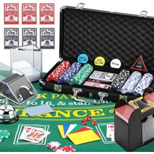 NEWTRY Blackjack Set, Complete Black Jack Set with Card Shuffler, 300pcs Chips, Poker Mat, Card Shoe, Chip Rake, Discard Tray, 8 Playing Cards, Bell, Dice, Cut Cards and 4 Buttons for Party Game Night