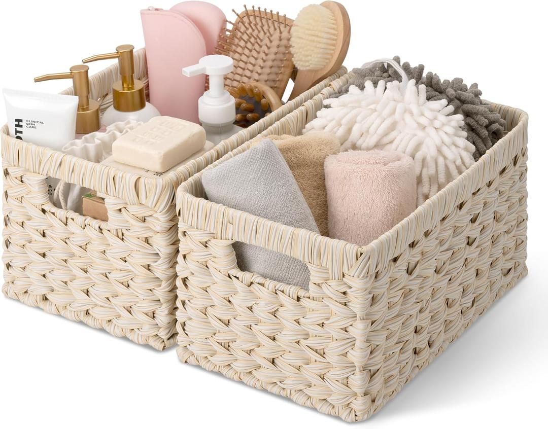 GRANNY SAYS Storage Baskets for Organizing, Wicker Storage Basket for Shelf, Wicker Basket for Organization, Waterproof Basket for Living Room, Decorative Basket for Pantry and Entryway, 2-Pack (13"L x 8 "W x 7"H, Butter Milk)