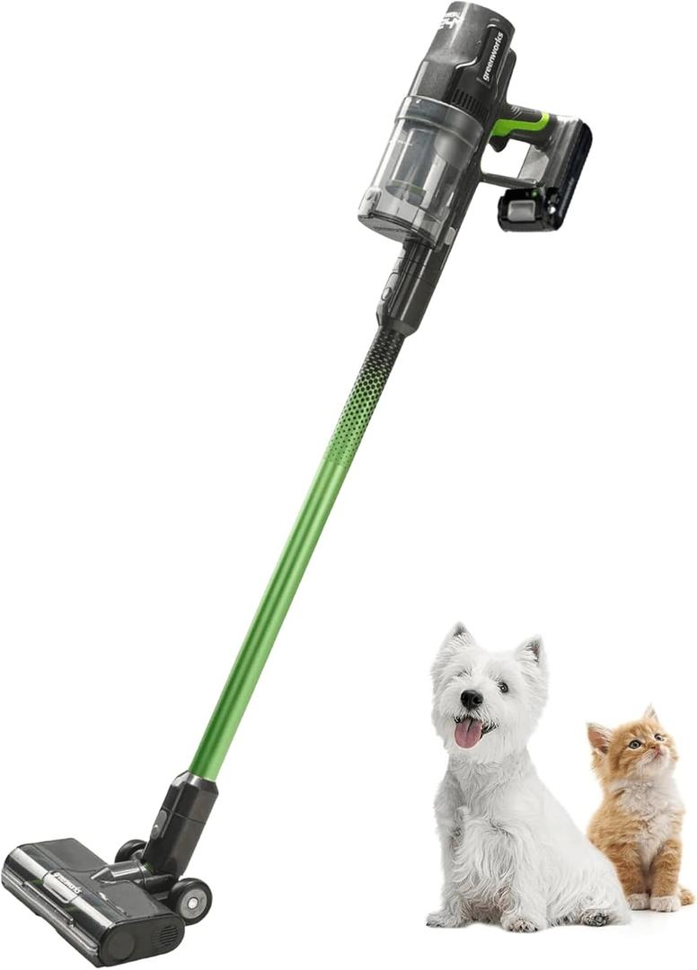 Greenworks 24V Brushless Cordless Stick Vacuum, Lightweight, Handheld, Pet, Anti-Allergen HEPA Filtration, Hard Floor, Carpet, Car, 4Ah Battery, and 30-Minute Charge Time (Green)
