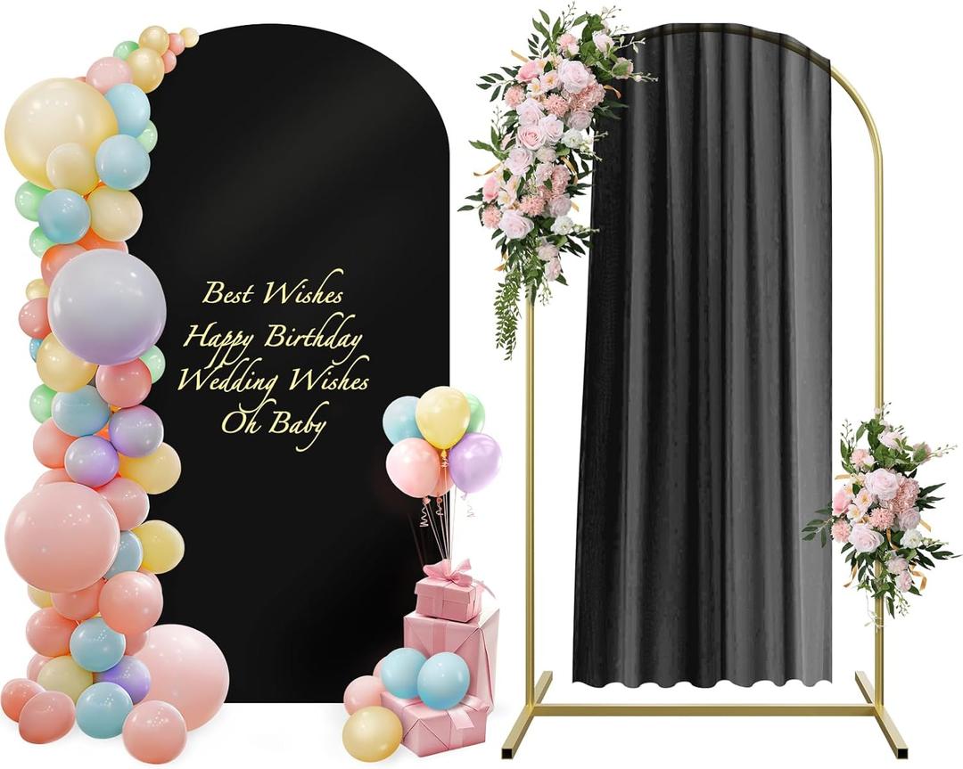 Wedding Arch Backdrop Stand and Arch Cover 6ft, Metal Arch Stand and Cover Set with 100 Party Multi-Colored Balloons for Birthday Party Wedding Ceremony Bridal Baby Shower Event Decor, 6ft*2.6ft, Black
