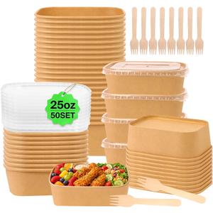 50 Pack 25 oz Paper Food Containers with Lids, Meal Prep Containers Disposable Large Paper Bowls, Microwavable and Freezer Storage Use Cardboard Food Containers