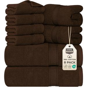 Utopia Towels 8-Piece Premium Towel Set, 2 Bath Towels, 2 Hand Towels, and 4 Wash Cloths, 600 GSM 100% Ring Spun Cotton Highly Absorbent Towels for Bathroom, Gym, Hotel, and Spa (Brown)