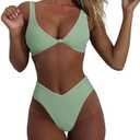 geluboao Bikini Set for Women Solid V Neck Knot Front Push Up High Leg Thong Two Piece Swimsuit Size XS