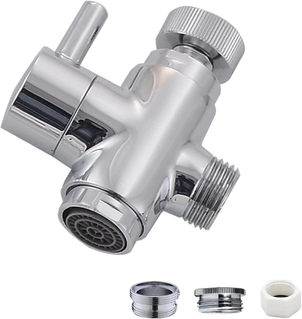Brass Diverter Valve with Aerator, 3 Way Splitter with Male Thread Adapter, 360 Swivel Faucet Adapter for Sink Hose Attachment, Bathroom/Kitchen Faucet Connector (Chrome)
