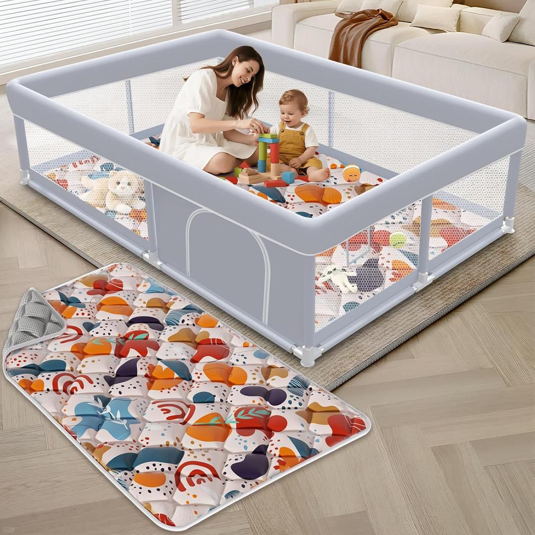 Baby Playpen with Mat, 65 x 50 Inch Play Pen Playards, Playpen for Babies and Toddlers, Baby Playard for Indoor & Outdoor Active Center Game Fence, Skin-Friendly Fabric and Soft Breathable Mesh (Grey)