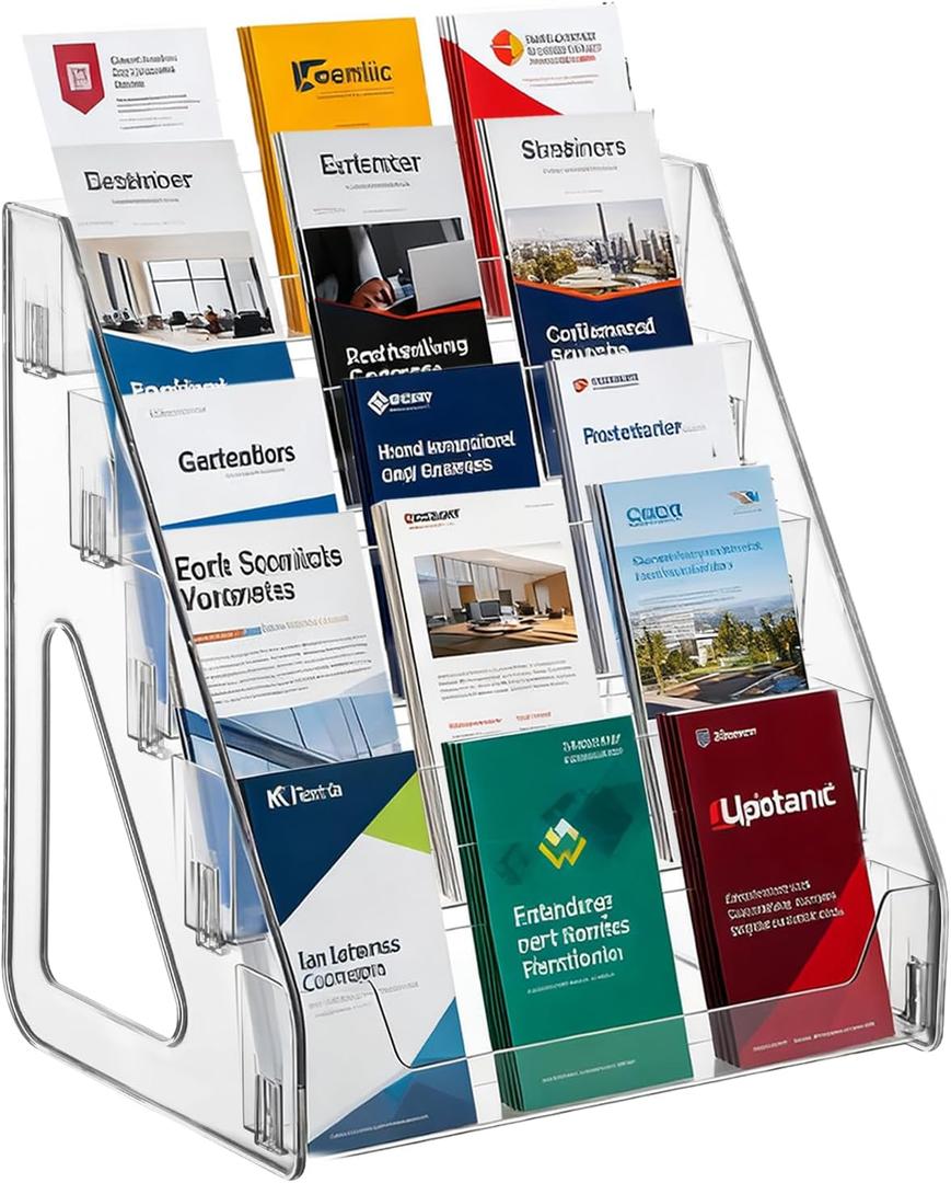 5 Tier Brochure Holder 12x13 Inch Acrylic Literature Display Stand Holds 3 Brochures in One Row Clear Pamphlet Holder Display Stand for Flyers Booklets Table Signs Office Home Store, Pack of 1
